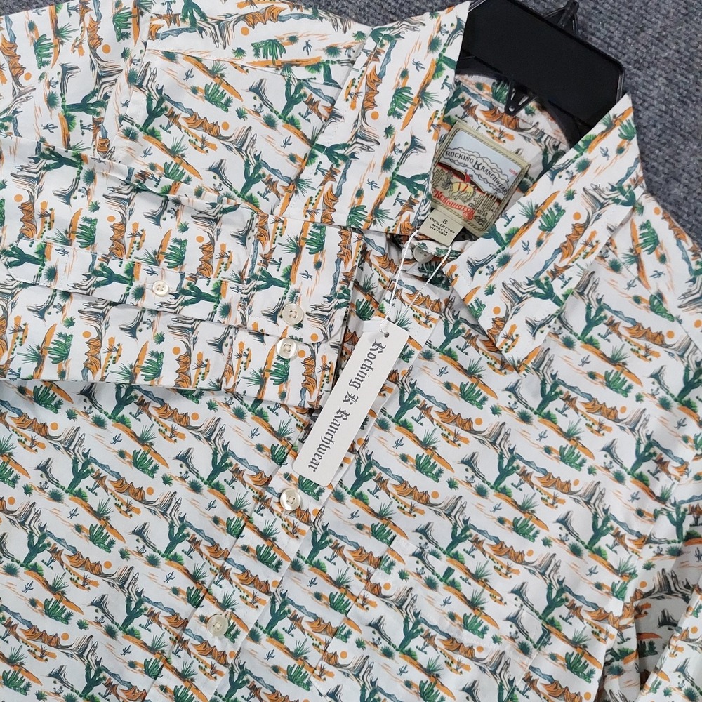 Rocking K Ranchwear Shirt Mens Small White Western Cactus Long Sleeve Cotton